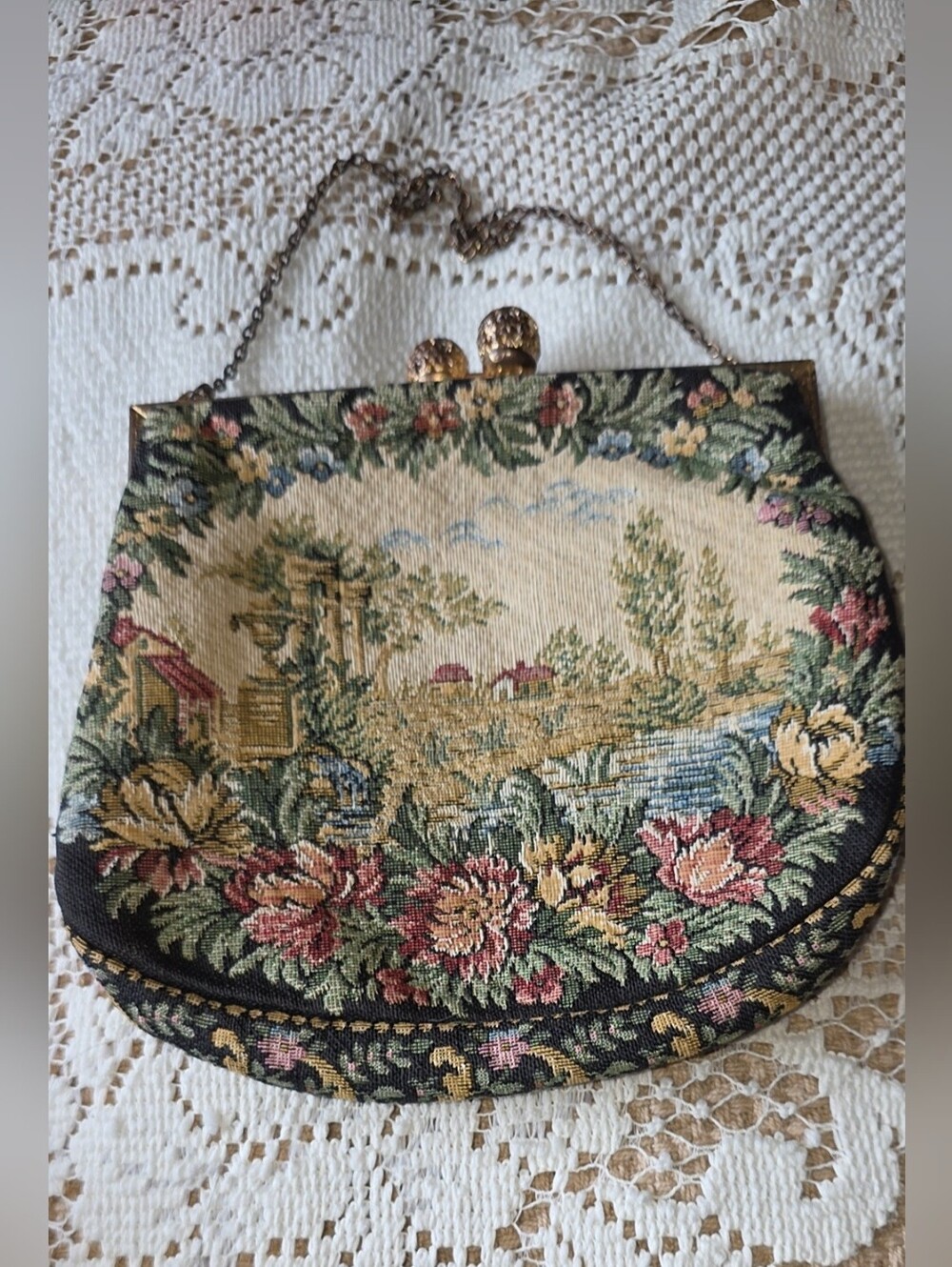 Vintage Walborg French Tapestry Evening Bag - Pastoral Landscape With Chain